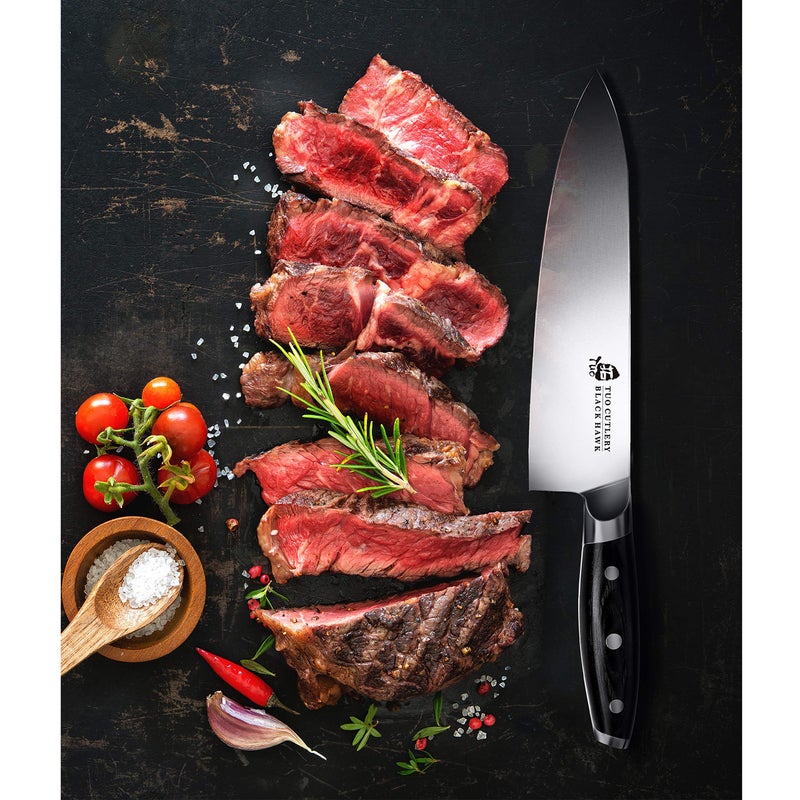 TUO Chef Knife -Professional Kitchen Chefs Knife Cooking Knife Gyuto Knives 8 Inch,Razor Sharp German HC Steel Japanese Chef Knife with Ergonomic Pakkawood Handle - BLACK HAWK SERIES in Gift Box - Image 2